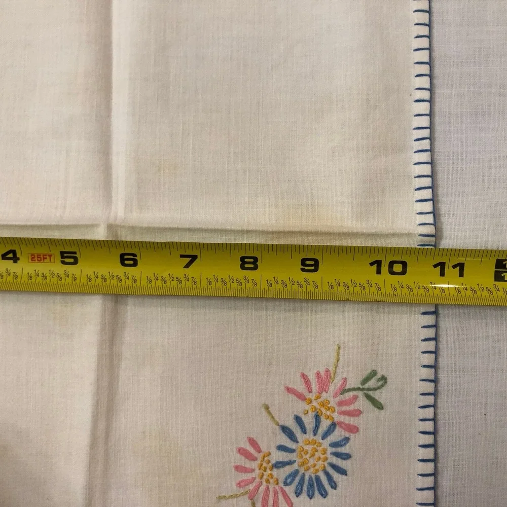 Tablecloth 33X33 & 4 Napkins Vintage Embroidery Handmade Blue Pink Yellow Daisy